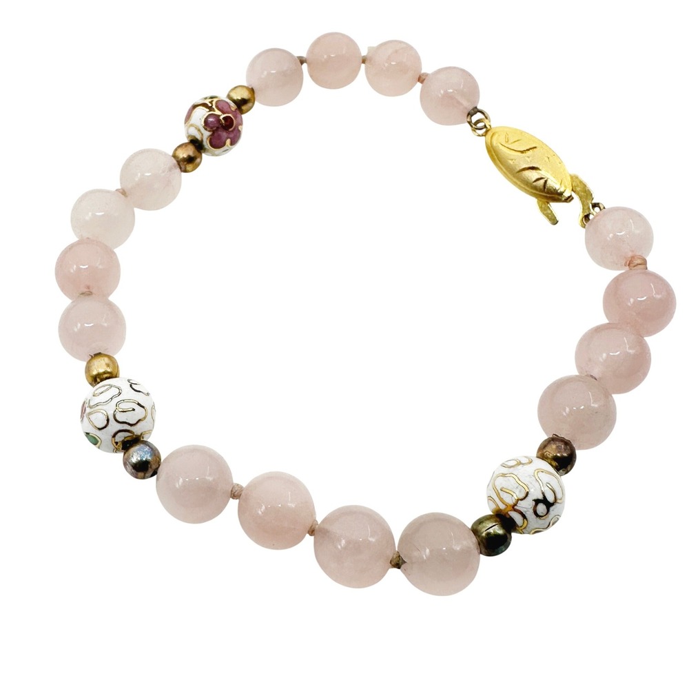 Vintage Rose Quartz Knotted Bead Bracelet Cloisonne Enamel Beads Fish Clasp‎